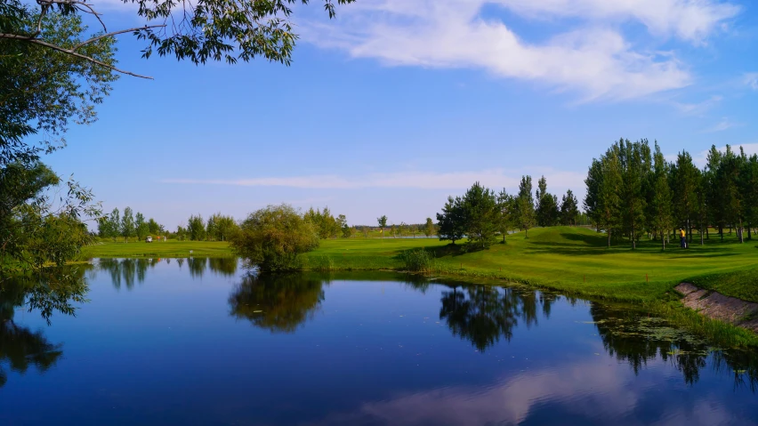 a pond in the middle of a golf course, a picture, pexels contest winner, quebec, fan favorite, bubbly scenery, blue sky