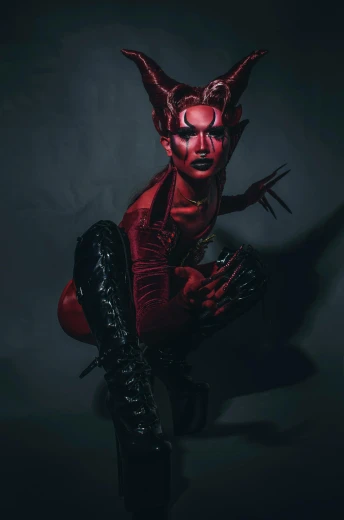 a woman in a devil costume posing for the camera, inspired by Sebastian Vrancx, prosthetic makeup, singularity sculpted �ー etsy, promo image