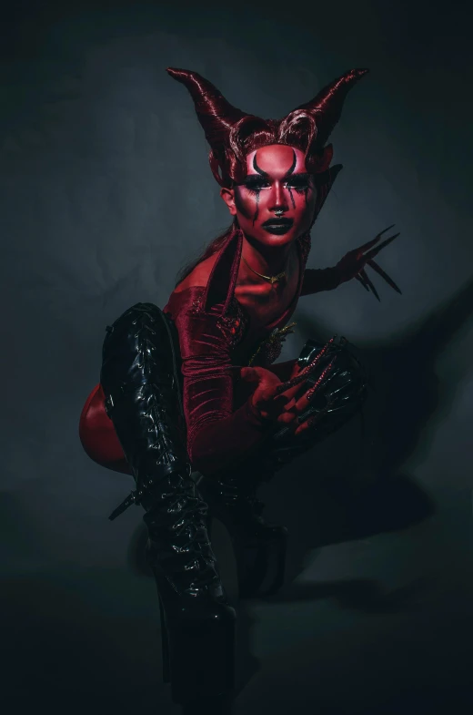 a woman in a devil costume posing for the camera, inspired by Sebastian Vrancx, prosthetic makeup, singularity sculpted �ー etsy, promo image