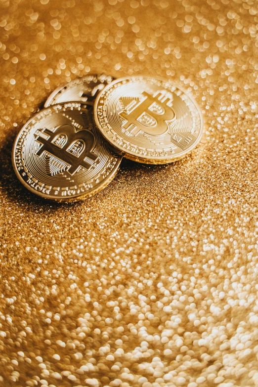 two bitcoins sitting on top of an orange, by Julia Pishtar, renaissance, gold dust, group photo, sequins, thumbnail