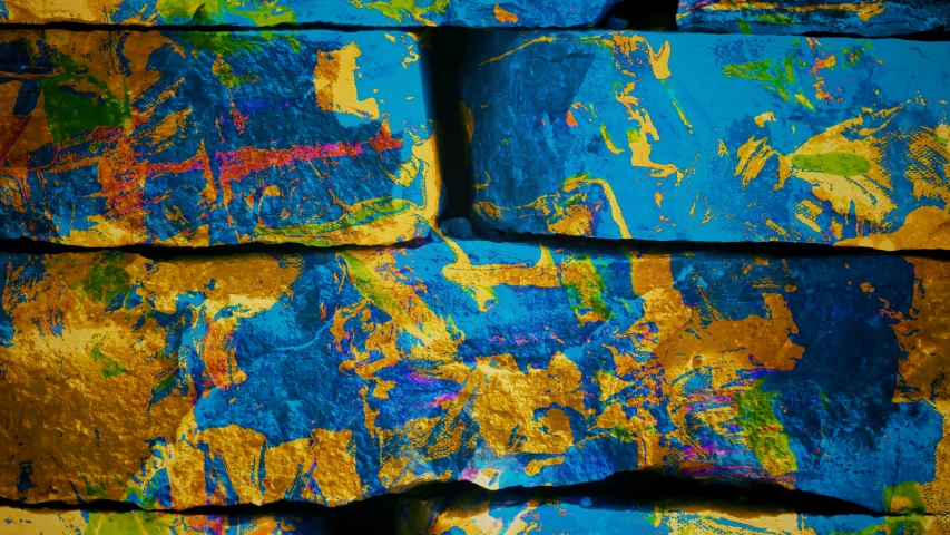 a pile of blue and yellow rocks sitting on top of each other, an album cover, inspired by Richter, trending on pexels, abstract expressionism, gold bars, aerial iridecent veins, wall with colorful graffiti, mining
