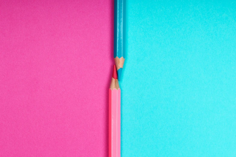 a pink and blue paper with a pencil sticking out of it, trending on pexels, perfectly symmetric, red and cyan theme, pencil art, there are two sides to the story