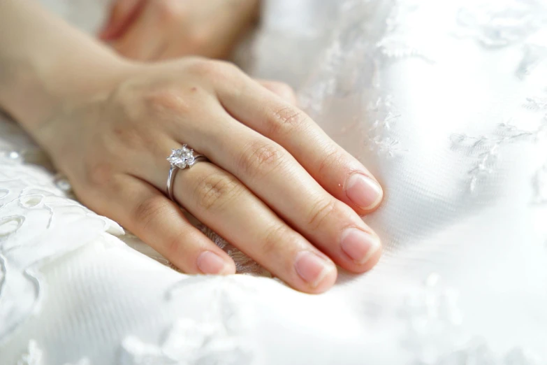 a close up of a person wearing a wedding ring, wearing a wedding dress, engagement ring ads, simple design, a high angle shot