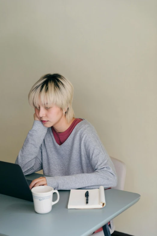 a woman sitting at a table with a laptop, by Jang Seung-eop, trending on pexels, realism, pale hair, upset the coffee does not work, ethnicity : japanese, androgynous male