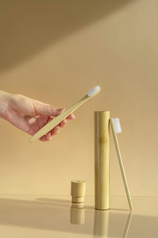a person holding a toothbrush next to a tube of toothpaste, made of bamboo, various sizes, detailed product image, small