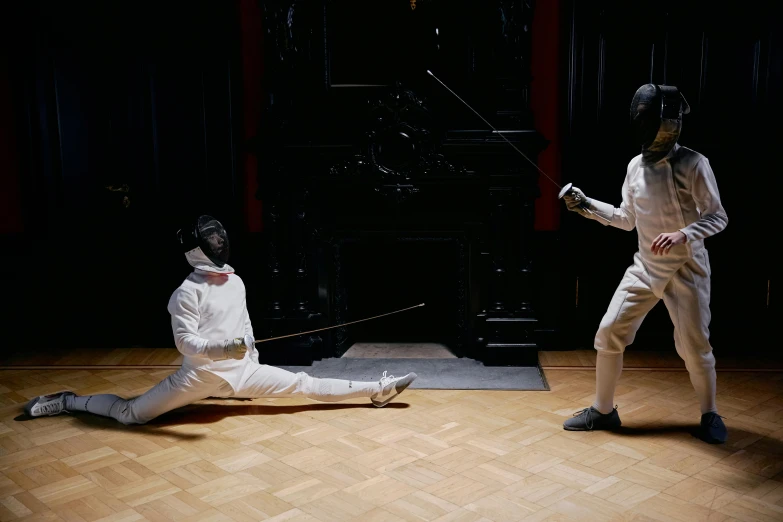 a couple of men standing next to each other on a wooden floor, inspired by Horace Vernet, pexels contest winner, video art, fencing, [ theatrical ], slide show, skintight suits