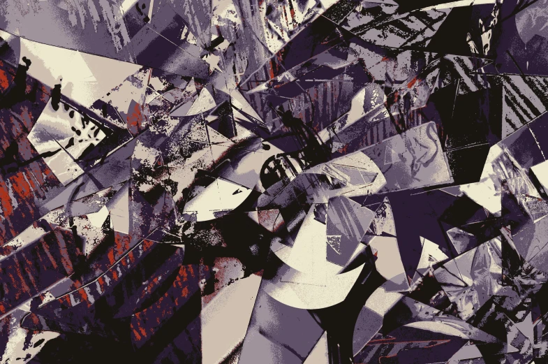 a man riding a snowboard down a snow covered slope, an album cover, inspired by Attila Meszlenyi, unsplash, panfuturism, purple shattered paint, shattered abstractions, rubble, ( ( abstract ) )