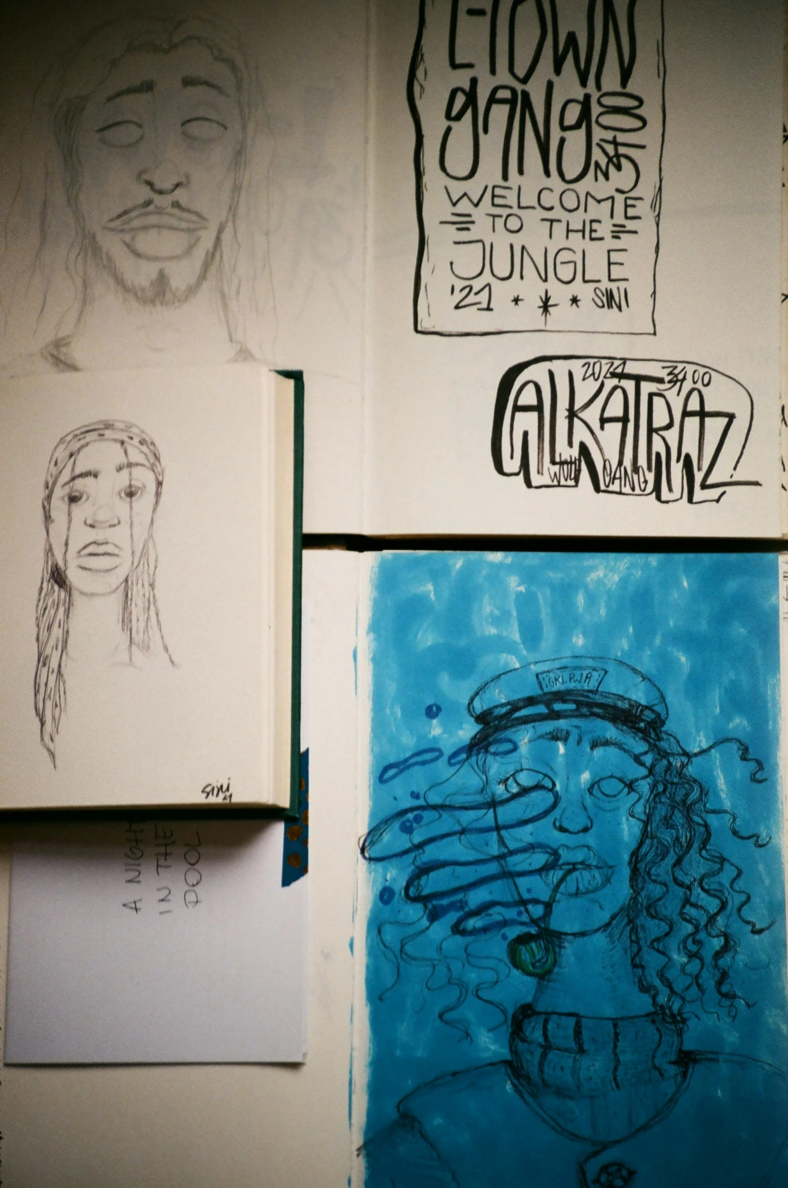 a bunch of drawings hanging on a wall, a sketch, by Dirk Crabeth, art & language, reggae, close up head shot, sketchbook, high quality upload