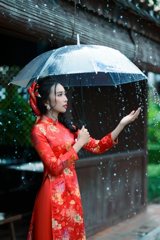 a woman in a red dress holding an umbrella, inspired by Cui Bai, pexels contest winner, ao dai, wet look, gif, square