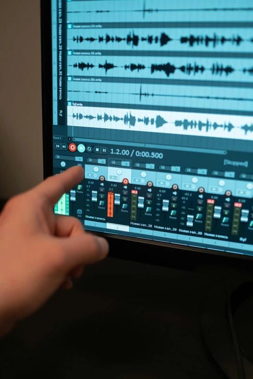 a close up of a person pointing at a computer screen, studio recording, promo image, multiple stories, audiophile