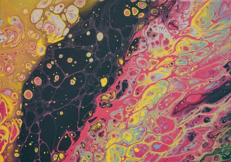 a close up of a painting with different colors, an album cover, inspired by Shōzō Shimamoto, unsplash, generative art, marbled veins, pink and yellow, space fractal gradient, 144x144 canvas