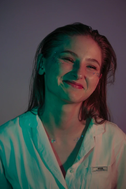 a woman in a lab coat smiles at the camera, an album cover, inspired by Anna Füssli, antipodeans, neon lit, profile image, joey king, profile pic