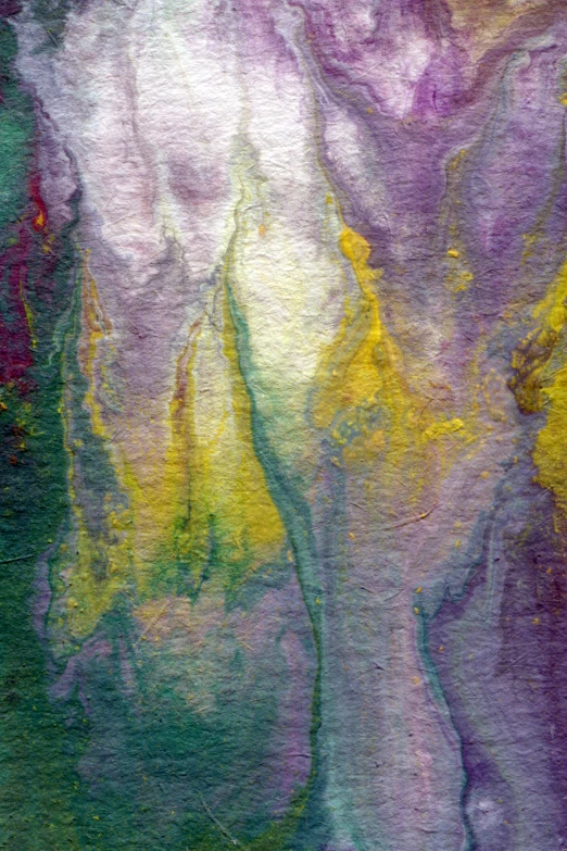 a close up of a painting of a woman, an ultrafine detailed painting, inspired by Zao Wou-Ki, lyrical abstraction, yellow purple green, made of silk paper, dye-transfer, cascading iridescent waterfalls