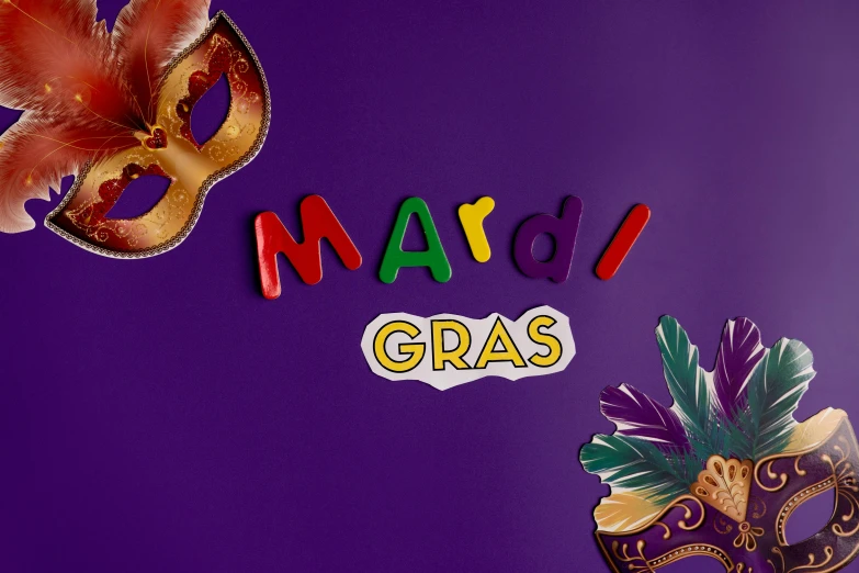 a couple of mardi gras masks sitting next to each other, an album cover, trending on pexels, background image, wearing a purple cap, miscellaneous objects, word