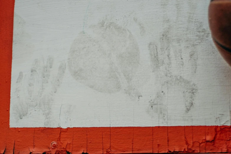 a basketball ball sitting on top of a basketball court, a minimalist painting, inspired by Nicolas de Staël, pexels contest winner, her hands are red roots, chalk texture on canvas, white and orange breastplate, wall painting