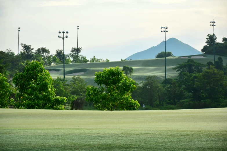 a man standing on top of a lush green field, inspired by Kim Eung-hwan, unsplash contest winner, sumatraism, golf course in background, stadium, hill with trees, thailand