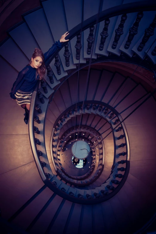 a woman standing on top of a spiral staircase, inspired by Oleg Oprisco, pexels contest winner, baroque, musee d'orsay 8 k, about to step on you, portrait shot 8 k, vine twist