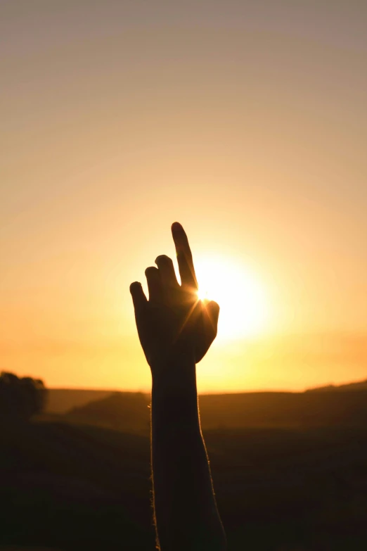 a person holding their hand up to the sun, an album cover, pexels, giving the middle finger, instagram post, morning light, peace