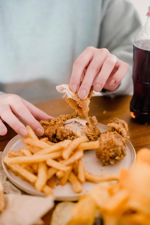 a person sitting at a table with a plate of food, by Andries Stock, pexels, fried chicken, closeup of arms, broken down, new zealand