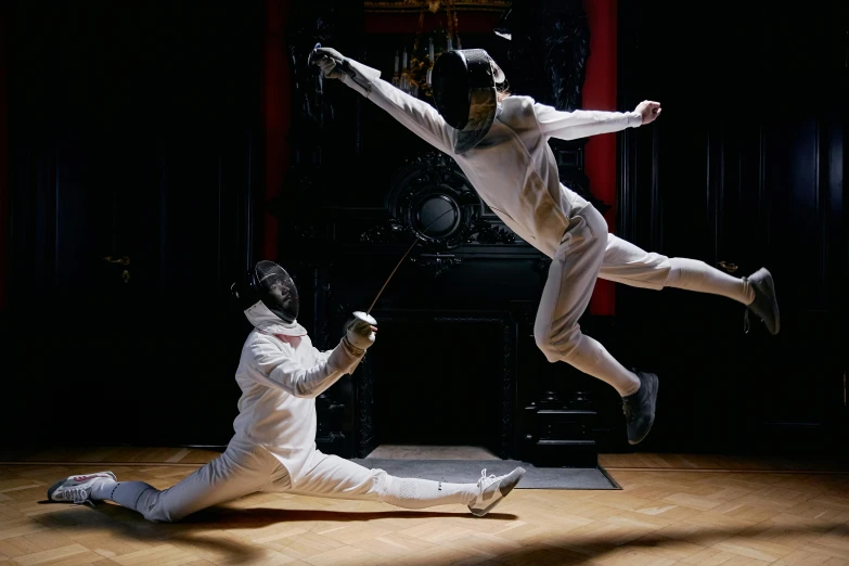 a couple of men standing on top of a wooden floor, pexels contest winner, arabesque, fencing, annie leibowitz, white, attacking