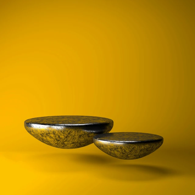 two bowls sitting on top of each other, an abstract sculpture, minimalism, glossy yellow, 3 ds max, futuristic precious metals, flying saucers