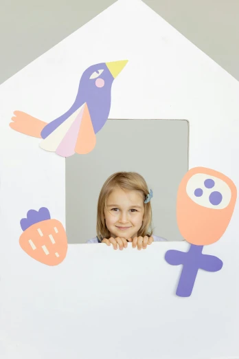 a little girl that is looking out of a house, interactive art, official product photo, with a mirror, paper craft, bird sight
