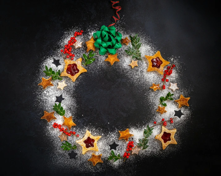 a christmas wreath made of cookies on a black background, by Andries Stock, shutterstock contest winner, flour dust spray, colorful stars, 15081959 21121991 01012000 4k, on a gray background