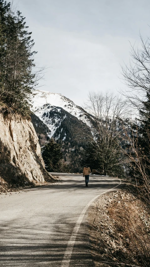 a man riding a motorcycle down a curvy road, by Tobias Stimmer, pexels contest winner, les nabis, solo hiking in mountains trees, winter setting, carrying a saddle bag, france