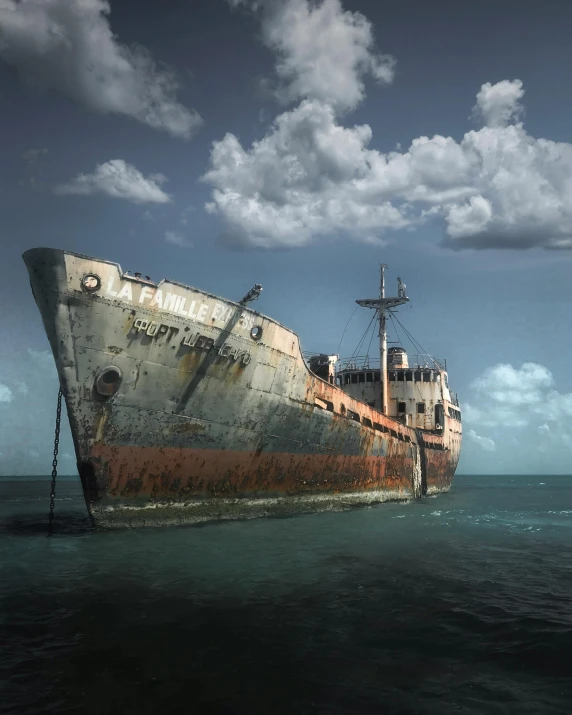a rusty ship in the middle of the ocean, pexels contest winner, photorealism, eve ventrue, colorized, photo of poor condition, ilustration