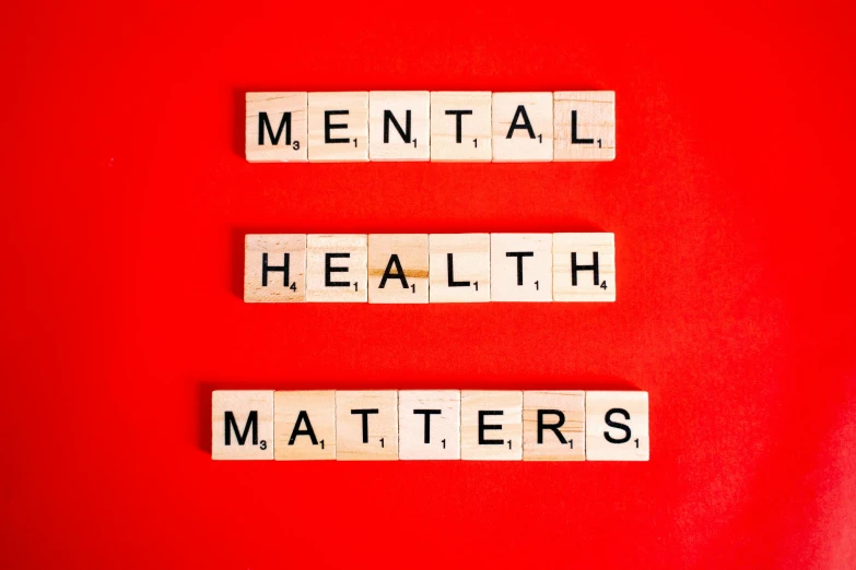 scrabbles spelling mental health matters on a red background, a photo, by Meredith Dillman, shutterstock, square, on grey background, ƒ/5.0, ( 3 1