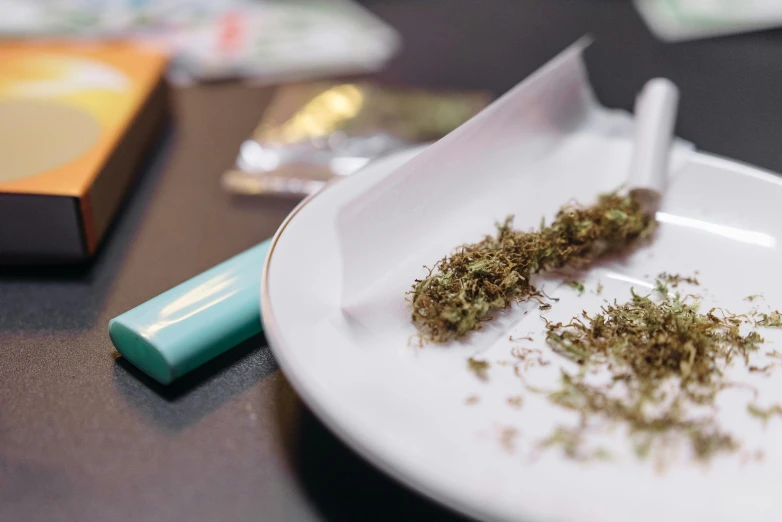 a cigarette sitting on top of a white plate, 4 cannabis pots, thumbnail, encarpus, at the counter