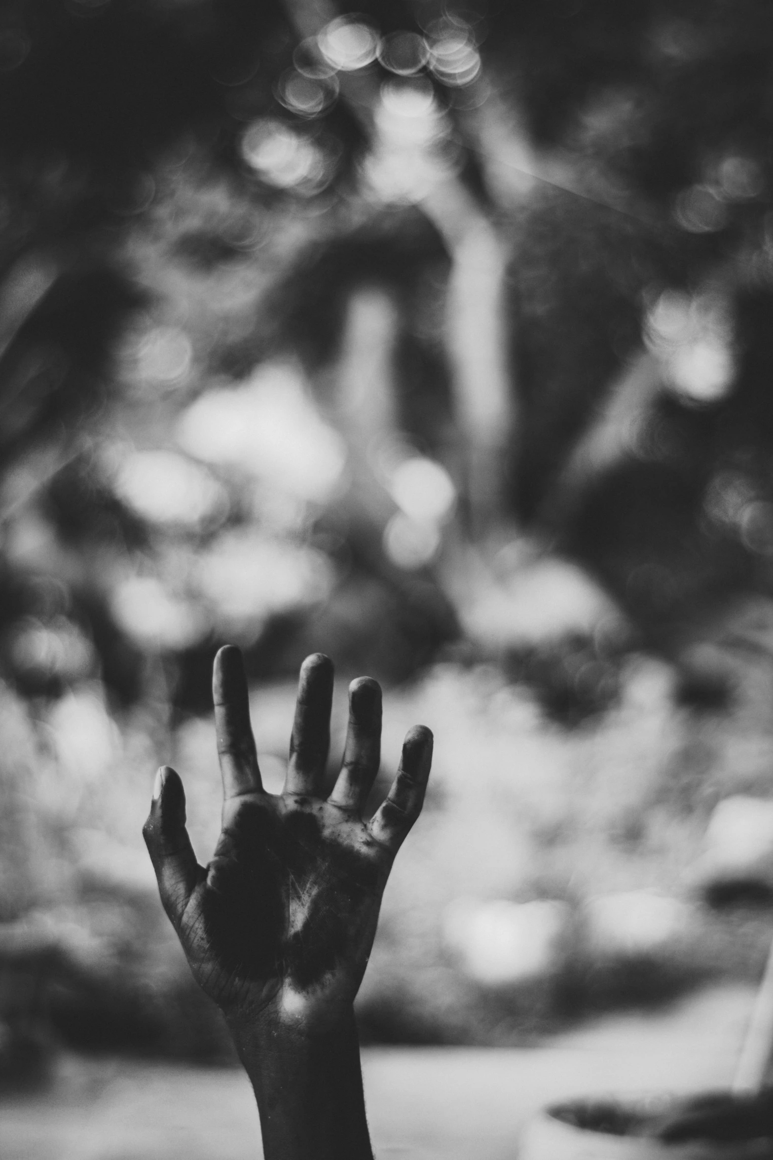 a person holding their hand up in the air, a black and white photo, by Altichiero, the wendigo, hunger, exactly 5 fingers, forest soul