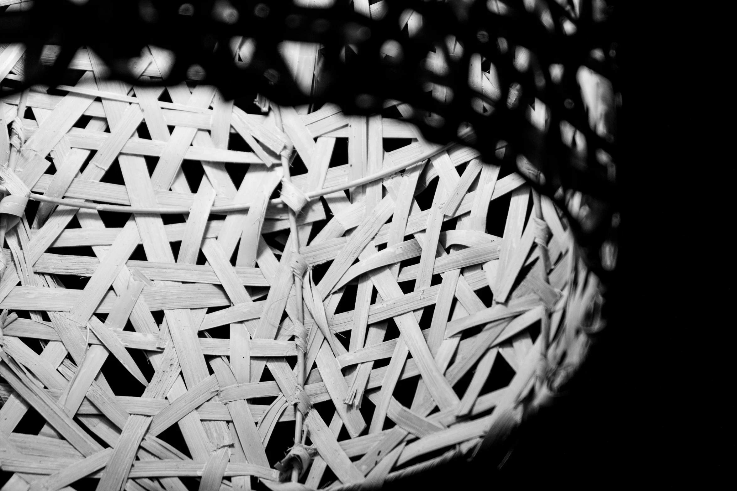 a black and white photo of a basket, inspired by Chiharu Shiota, pexels, abstract illusionism, made of bamboo, detail structure, palm skin, monochrome:-2