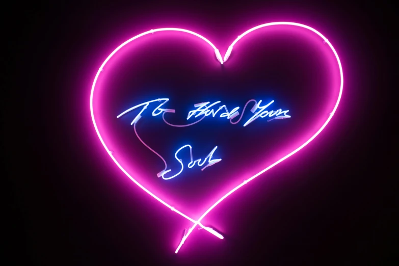 a neon sign in the shape of a heart, an album cover, by Tracey Emin, sots art, signatures, mugler, thom yorke, flowing neon-colored silk