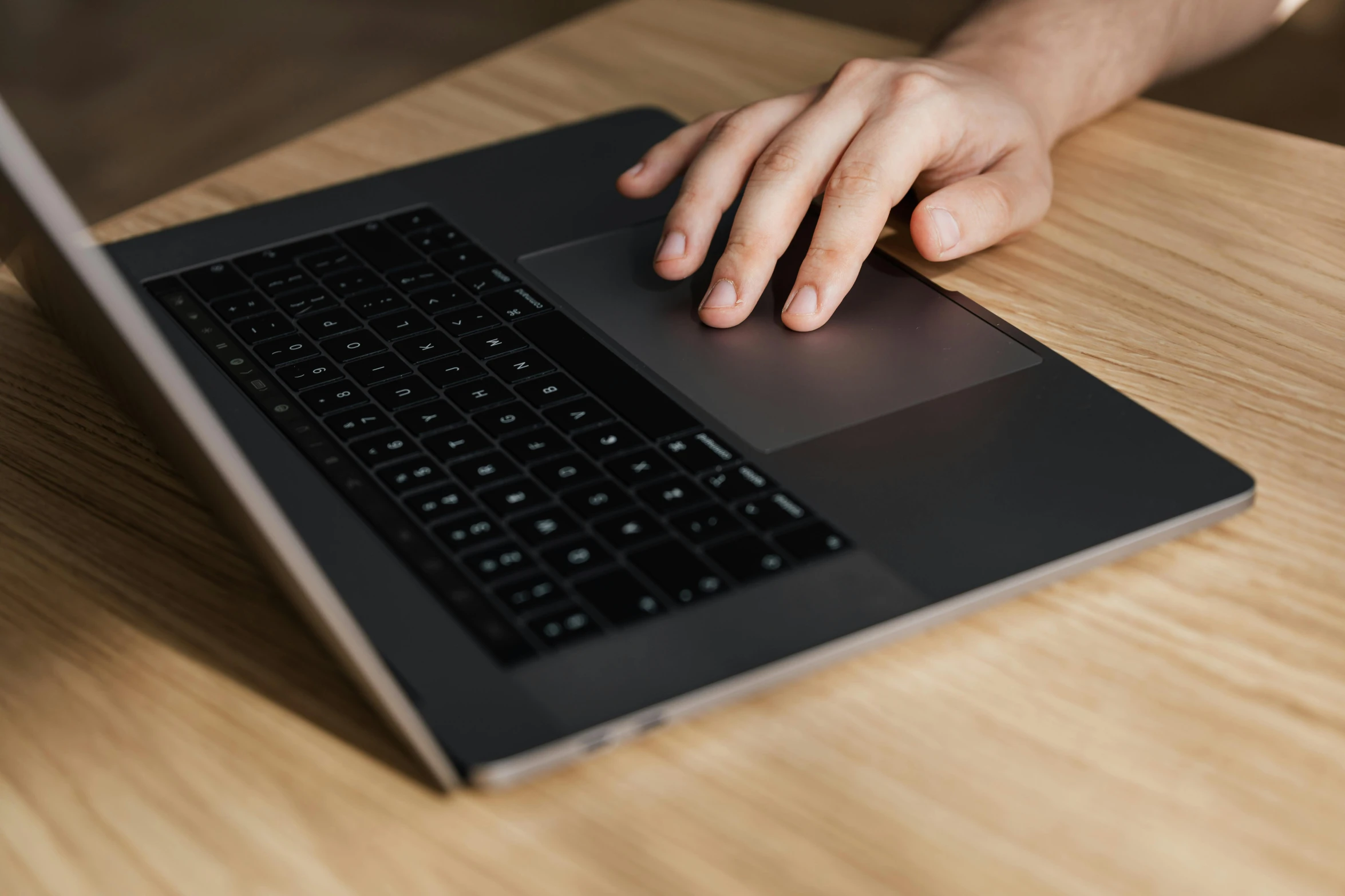 a close up of a person typing on a laptop, a computer rendering, pexels, paul barson, fine workmanship, hand on table, no - text no - logo