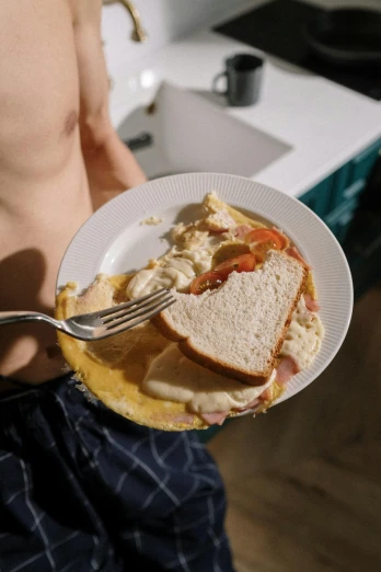 a man holding a plate with a sandwich on it, by Adam Marczyński, pexels contest winner, wearing a tank top and shorts, egg yolk, calzone zone, wake up