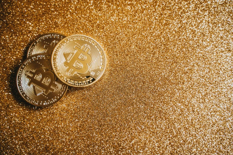 two bitcoins on a gold glitter background, high quality product image”, fan favorite, instagram picture,