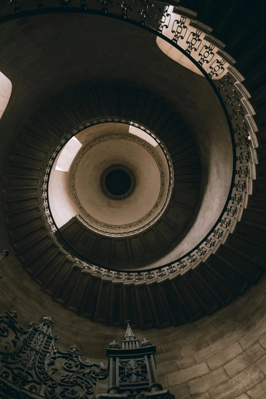 a black and white photo of a spiral staircase, an album cover, by Adam Marczyński, unsplash contest winner, baroque, brown, smooth round shapes, inside a tomb, wide high angle view