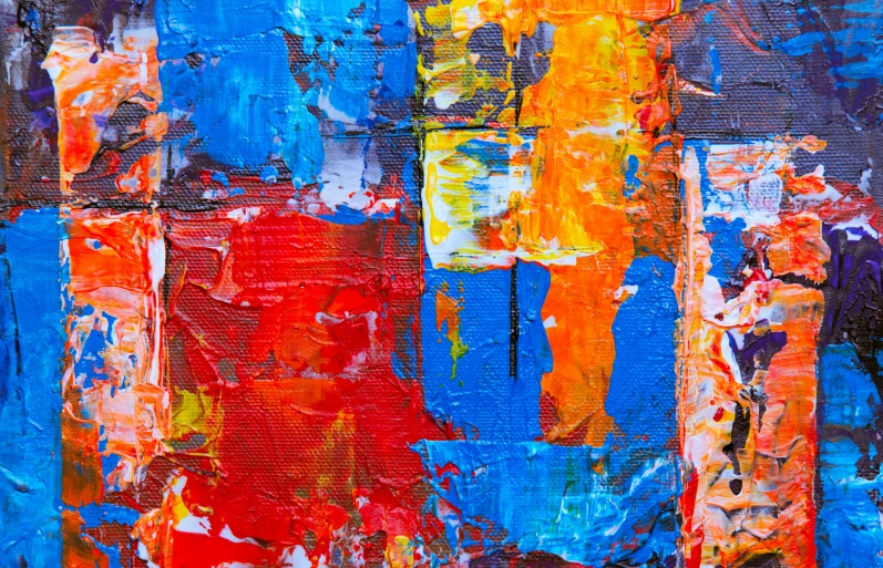 a painting with multiple colors of paint on it, inspired by Jasper Johns, pexels, abstract expressionism, red yellow blue, beautiful colorful, palette knife texture, strong blue and orange colors