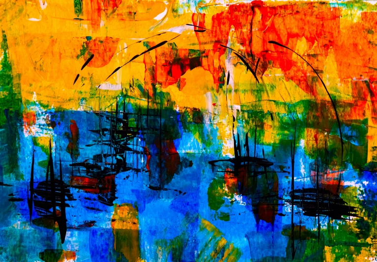 a painting of boats floating in a body of water, an abstract painting, pexels, abstract expressionism, vibrant high contrast coloring, blue and yellow fauna, full of colour 8-w 1024, orange and blue