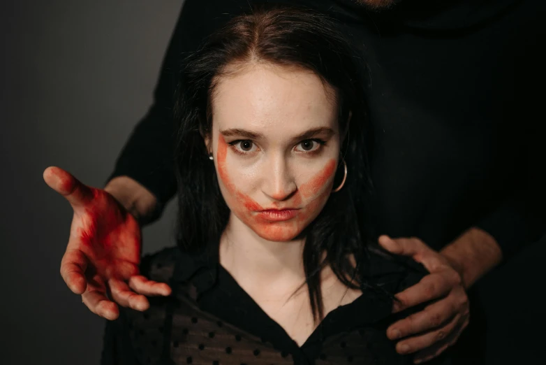 a woman with blood all over her face, pexels contest winner, renaissance, medium shot of two characters, demna gvasalia, half body photo, teenage girl