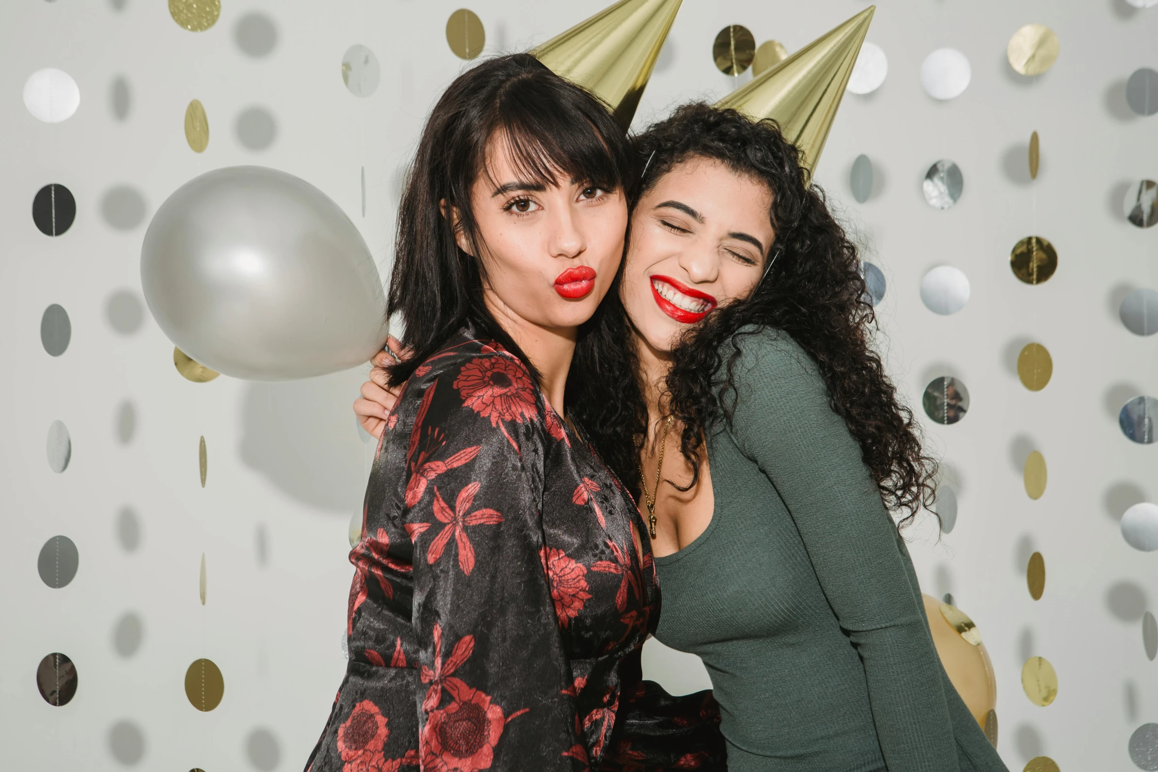 a couple of women standing next to each other, pexels, pop art, pals have a birthday party, cheeky smile with red lips, latinas, ad image