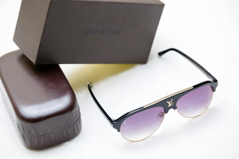 a pair of sunglasses sitting on top of a box, by Juliette Wytsman, louis vuitton, gradient black to purple, lot of details, thumbnail