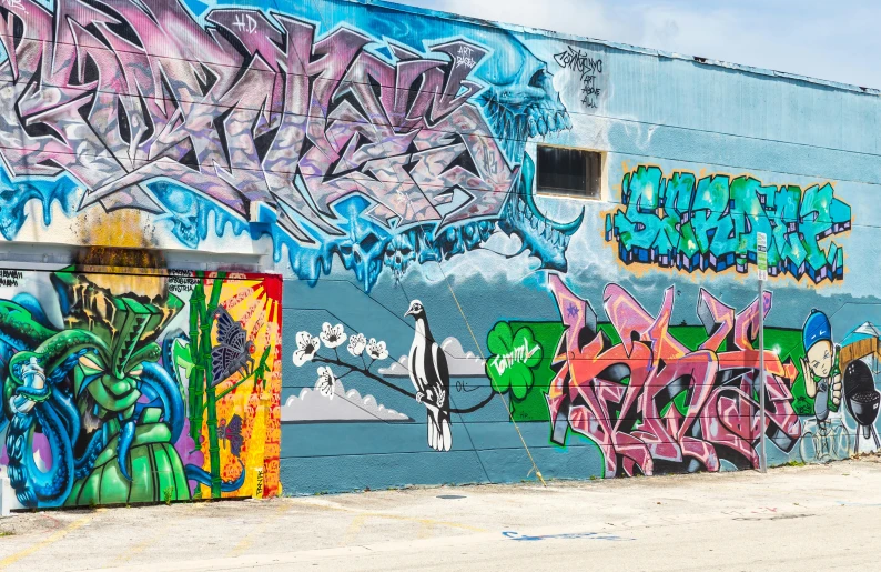 a bunch of graffiti painted on the side of a building, graffiti art, by Meredith Dillman, pexels contest winner, miami beach, storefronts, panoramic shot, fan favorite