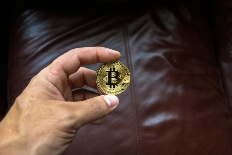 a person holding a bit coin in their hand, a picture, by Meredith Dillman, pexels, sitting on vintage leather sofa, edible crypto, 🦩🪐🐞👩🏻🦳, 1 petapixel image