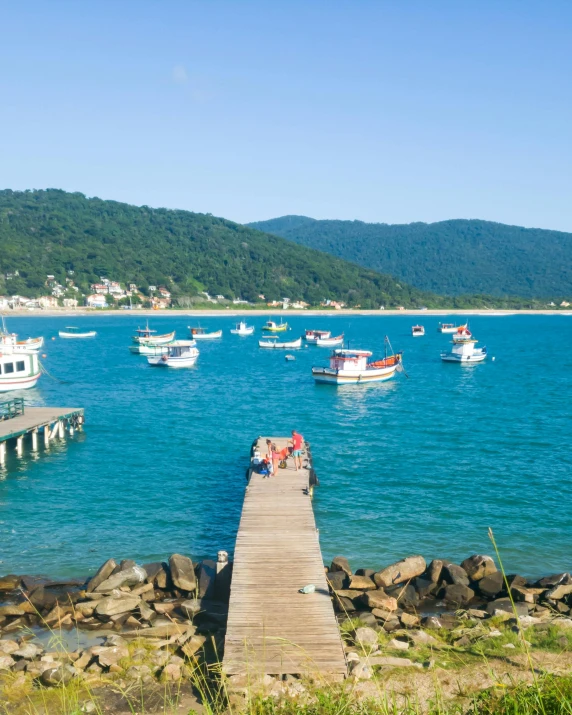 a group of boats sitting on top of a body of water, hills and ocean, wood pier and houses, caio santos, profile image