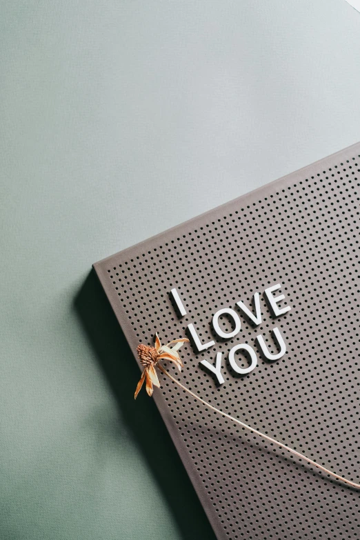 a book with the word love you written on it, trending on unsplash, capacitors, gray canvas, billboard image, greeting card