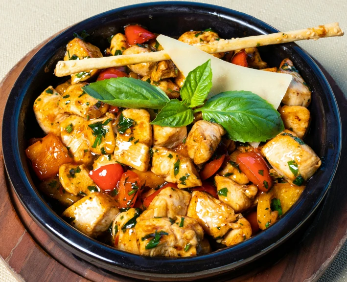 a close up of a bowl of food on a table, renaissance, chicken, square, basil gogos, thumbnail