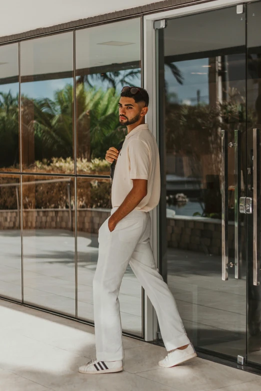 a man standing in front of a glass door, inspired by Camilo Egas, pexels contest winner, white pants, profile image, zayn malik, with palm trees in the back