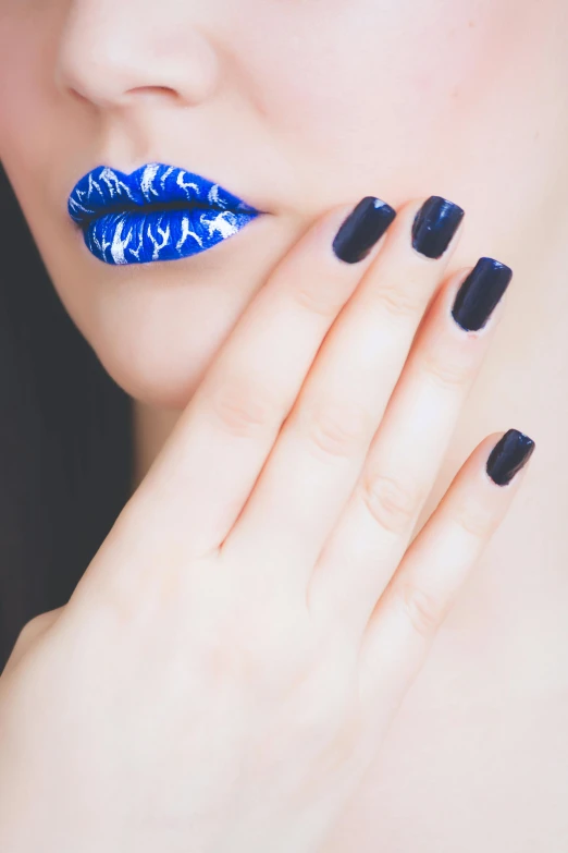 a close up of a person with blue lipstick, nail art, 15081959 21121991 01012000 4k, square, or black